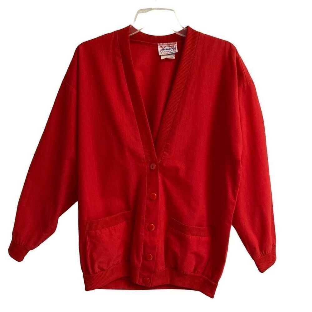 Vintage Liberation Red Varsity V-neck button up 100% cotton jacket L*